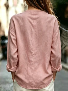SHEIN 女款亞麻V領長袖流蘇旗袍鈕扣襯衫 - 粉色 - 查看 2