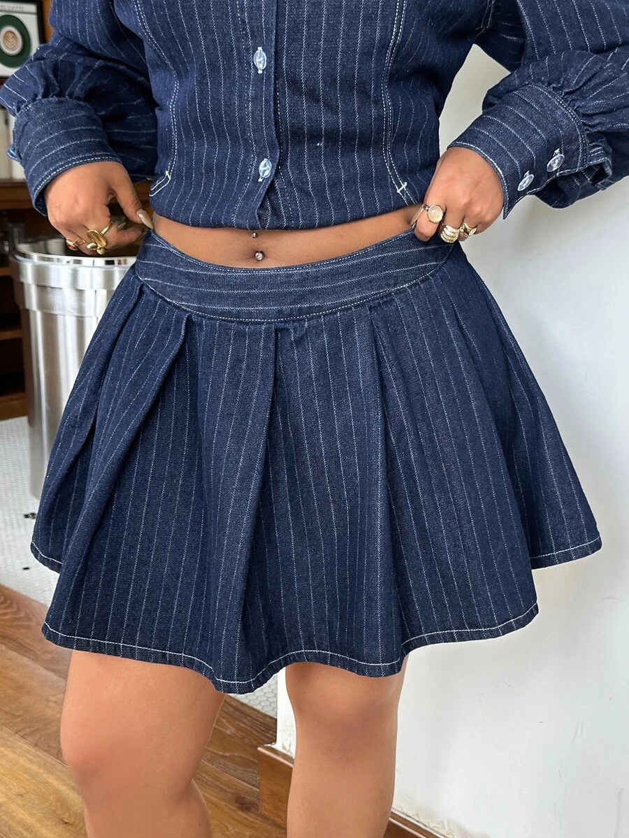 Rivivi Plus Size Women Non-Stretch Striped Denim Skirt Cowboy For Women - Dark Wash - View 1