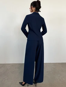 Firerie Autumn/Winter Elegant Commute Solid Navy Blue Long Sleeve Blazer & Pants Suit Set, Suitable For Office Wear, Women's Suit Set - Navy Blue - View 2