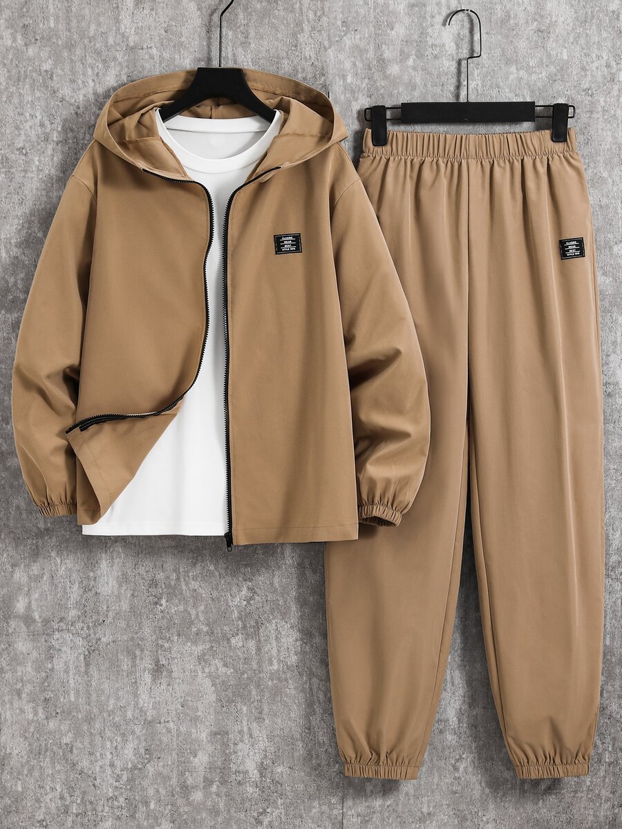 SHEIN 青少年男孩 2件組休閒卡其色連帽開襟衫與長褲,附小標誌,適合秋冬返校季穿著 - 卡其色 - 查看 1