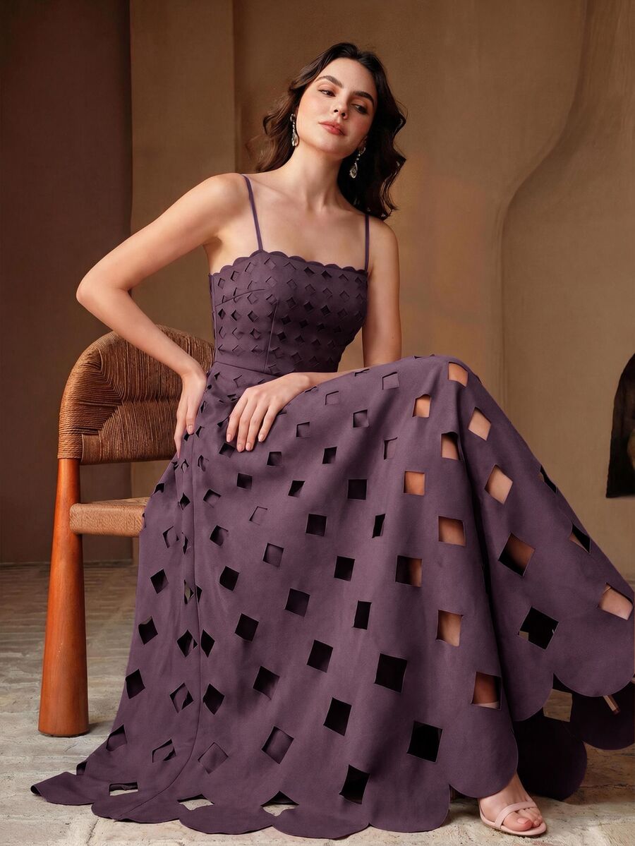 Anewsta Elegant Purple Fashion Strapless Dress With Waist Cinching, Slimming Sleeveless Hollow Design, Vacation Dress For Women - Purple - View 1