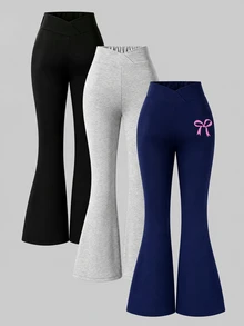 SHEIN ChillGRL 3件組女款時尚黑粉漸層極簡黑色修身喇叭腿緊身褲，百搭休閒春夏季秋季校園與外出穿搭 - 彩色 - 查看 4