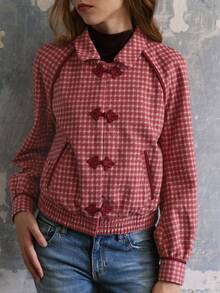 Nöista Women's Jacket With Checks Fabric. Oriental Buttons On The Planket For Closing In Contrast Color, Perfect For Fall Winter, Casual, Cute - Red - View 4