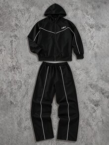 SHEIN Coolqubz 2件組男士青少年休閒街頭風白色條紋解構設計立領拉鍊夾克與寬鬆直筒運動長褲套裝，適合休閒酷帥街頭風帥氣穿搭 - 彩色 - 查看 3