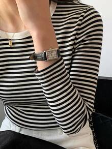 DAZY Women's Striped Short Sleeve T-Shirt Summer Versatile Loose Round Neck Pullover Top - Black - View 3