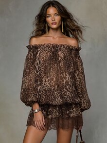 Solivie Women's Autumn Off-Shoulder Leopard Print Short Dress Coffee Color - Coffee - View 6