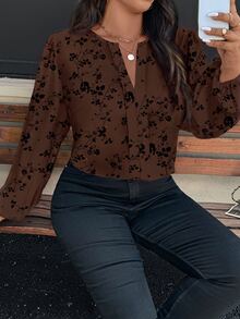 Reflora Plus Size Women's Floral Print Casual Daily Wear Shirt - Brown - View 4