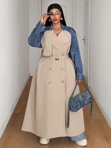 Maweii Plus Size Casual Fashion Patchwork Long Trench Coat Fall - Khaki - View 3