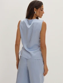 MUSEYN Blue Satin Ruched Drape Front Sleeveless Top Classy Date Night Chic Evening Fall - Baby Blue - View 5