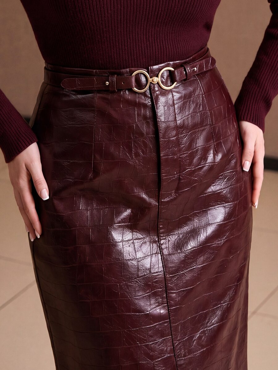 MOTF PREMIUM PLUS SIZE FRONT SLIT CROCODILE EMBOSSED PU STRAIGHT MID-LENGTH SKIRT AUTUMN/WINTER - Burgundy - View 2