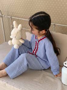 Dazy Kids 少女秋季服飾 格紋短袖長褲居家休閒套裝 春夏款 - 淺藍色 - 查看 4