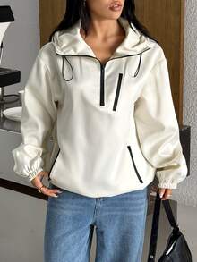 SHEIN EZwear 女款秋冬美式復古運動街頭風連帽拉鍊夾克外套 - 杏色 - 查看 6