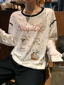Dazy Kids Teen Girls Letter Print Polka Dot Long Sleeve T-Shirt - Beige - View 2