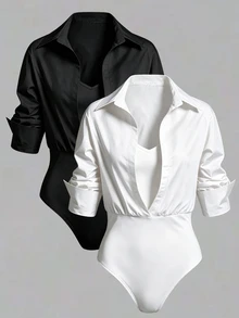 SHEIN LUNE 女款 2 合 1 V 領長袖襯衫連身衣，辦公通勤兩件套 - 彩色 - 查看 1