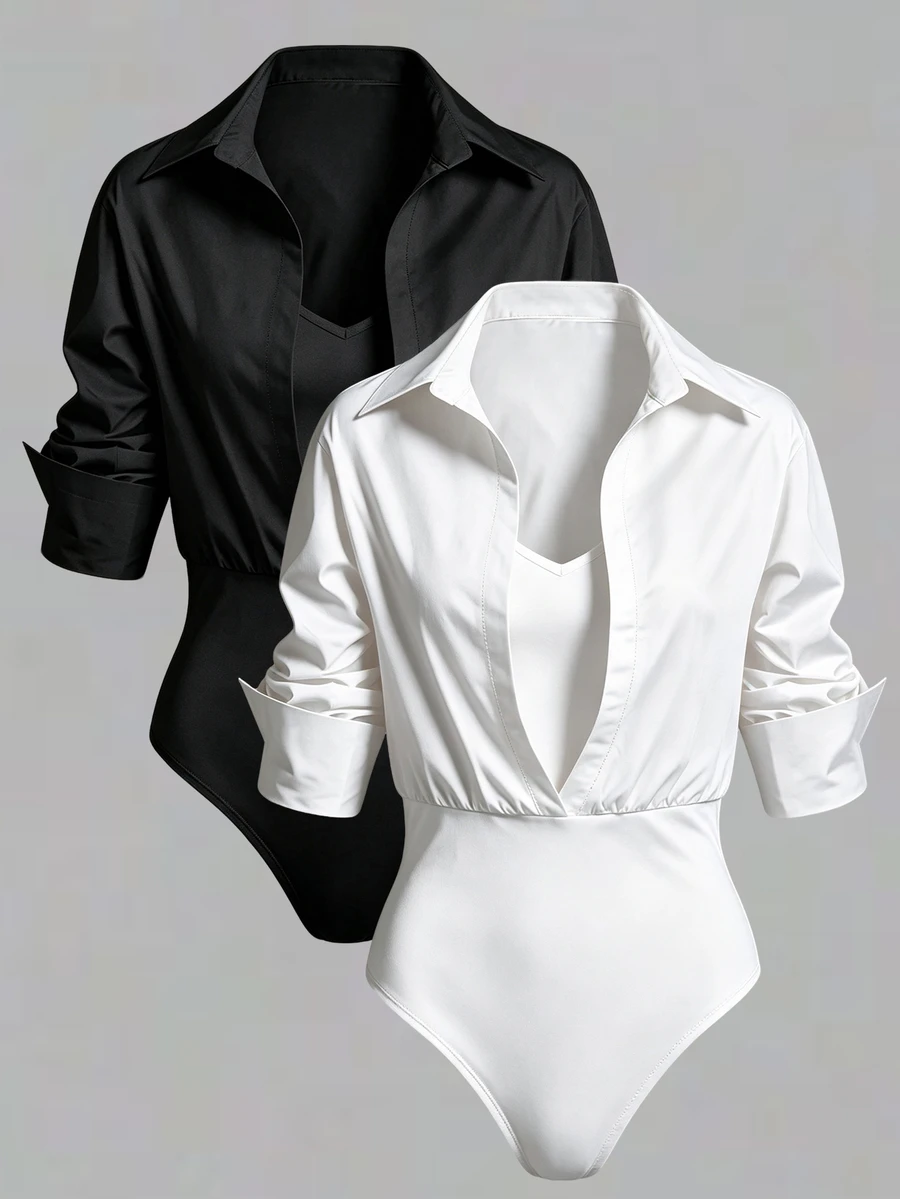 SHEIN LUNE 女款 2 合 1 V 領長袖襯衫連身衣,辦公通勤兩件套 - 彩色 - 查看 1