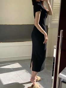 DAZY Women's Sleeveless Sweater Dress, Elegant Semi-High Neck Fitted Bodycon Mid-Length Dress, Base Layer Dress - Black - View 2