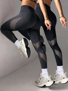 SHEIN Velisys 2件組無縫針織黑白波點運動緊身褲 健身情侶款 秋季寬鬆版 - 彩色 - 查看 2