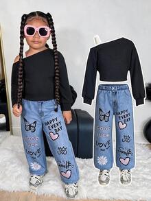 SHEIN Kids SLAYR Young Girl Young Girls Street Fashion Black Asymmetrical Shoulder Sweatshirt & Denim Effect Loose Pants Set - Blue - View 4