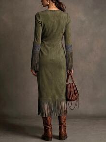 LUMIGAL Women's Printed V-Neck Tassel Cuff Elegant Vintage Dress - Olive Green - View 2