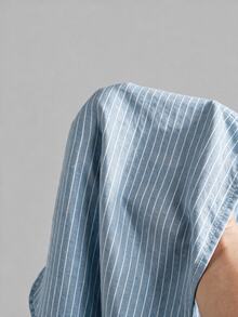 SHEIN EZwear 女款藍白條紋長袖修身顯瘦優雅時尚白色刺繡馬頭通勤商務襯衫 - 藍白色 - 查看 6