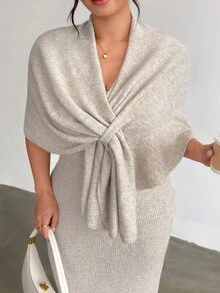 Firerie Atmospheric Knit Cover Up Dress With Multiple Wearing Styles, Knot Detail, V Neck, Loose Fit, Flattering Silhouette, Versatile Fall Cocktail Grey - Apricot - View 3