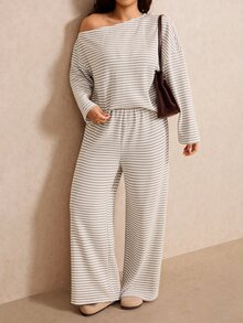 Elaquor Plus Size Women's Striped Asymmetrical Shoulder Long Sleeve T-Shirt And Pants Casual 2 Pieces Set - Apricot - View 6