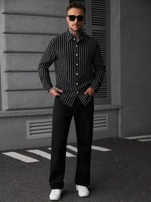 SLATEMANN 2026 春/秋季男士皺褶直條紋長袖領襯衫，寬鬆版型黑色鈕扣休閒街頭上衣 - 黑色 - 查看 4