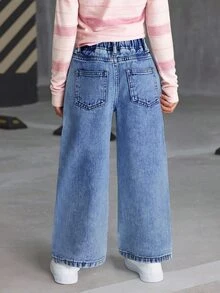 SHEIN 少女牛仔褲新品上市 簡約休閒風 百搭時尚 破洞復古水洗丹寧 直筒舒適版型 四季皆宜 休閒女童牛仔褲 - 中等水洗藍 - 查看 2