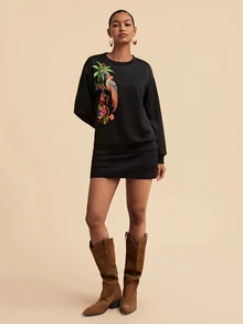 Travachic Sweatshirt Kasual Lengan Panjang Leher Bulat Motif Pohon Palem Wanita, Model Baru Musim Gugur/Dingin, Cocok untuk Sehari-hari - Hitam - View 1