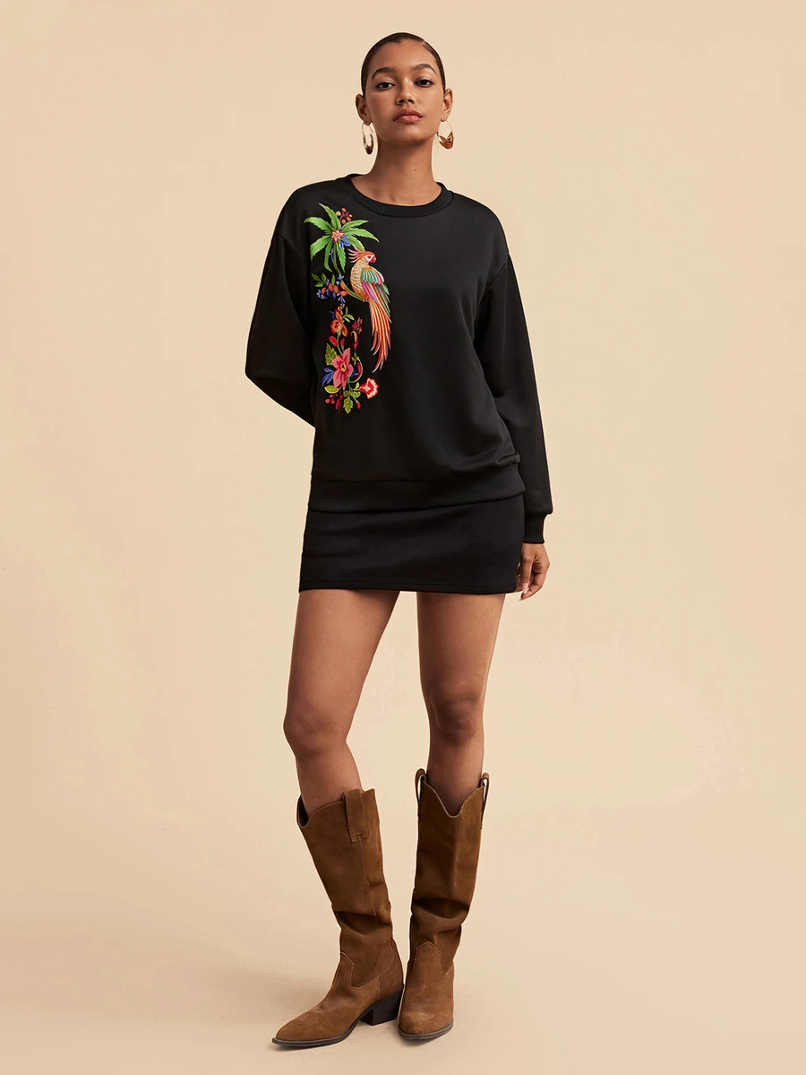 Travachic Sweatshirt Kasual Lengan Panjang Leher Bulat Motif Pohon Palem Wanita, Model Baru Musim Gugur/Dingin, Cocok untuk Sehari-hari - Hitam - View 1