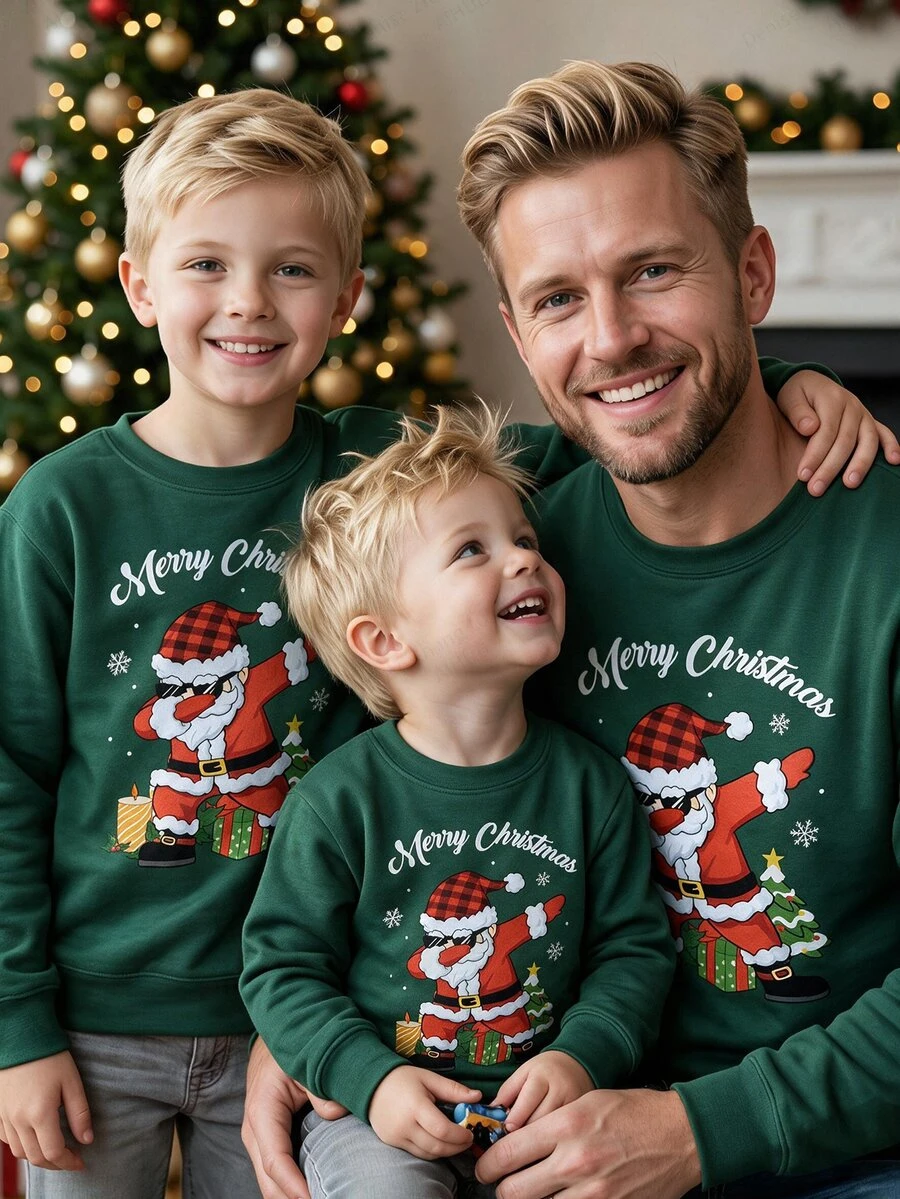 SHEIN Kids Tween Boy Autumn/Winter Green Santa Claus Crew Neck Sweatshirt (Unisex/Winter Wear), Matching Family Christmas Outfit - Green - View 1