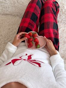 SweetSlumber Sweet INS Colorblock Bow Plaid Print Comfortable Round Neck Fuzzy Women Pajama Set - Multicolor - View 5