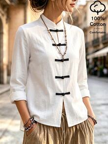 Balvessa Women Textured Fabric Stand Collar Front Button Minimalist Loose Daily New Chinese Style Outerwear - Black and White - View 5