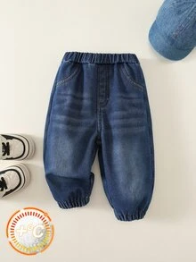 Baby Boy Autumn/Winter Thermal Lined Thick Versatile Comfortable Elastic Waist Cuffed Denim Pants, Suitable For Christmas Gift And Outdoor Wear - Blue - View 3