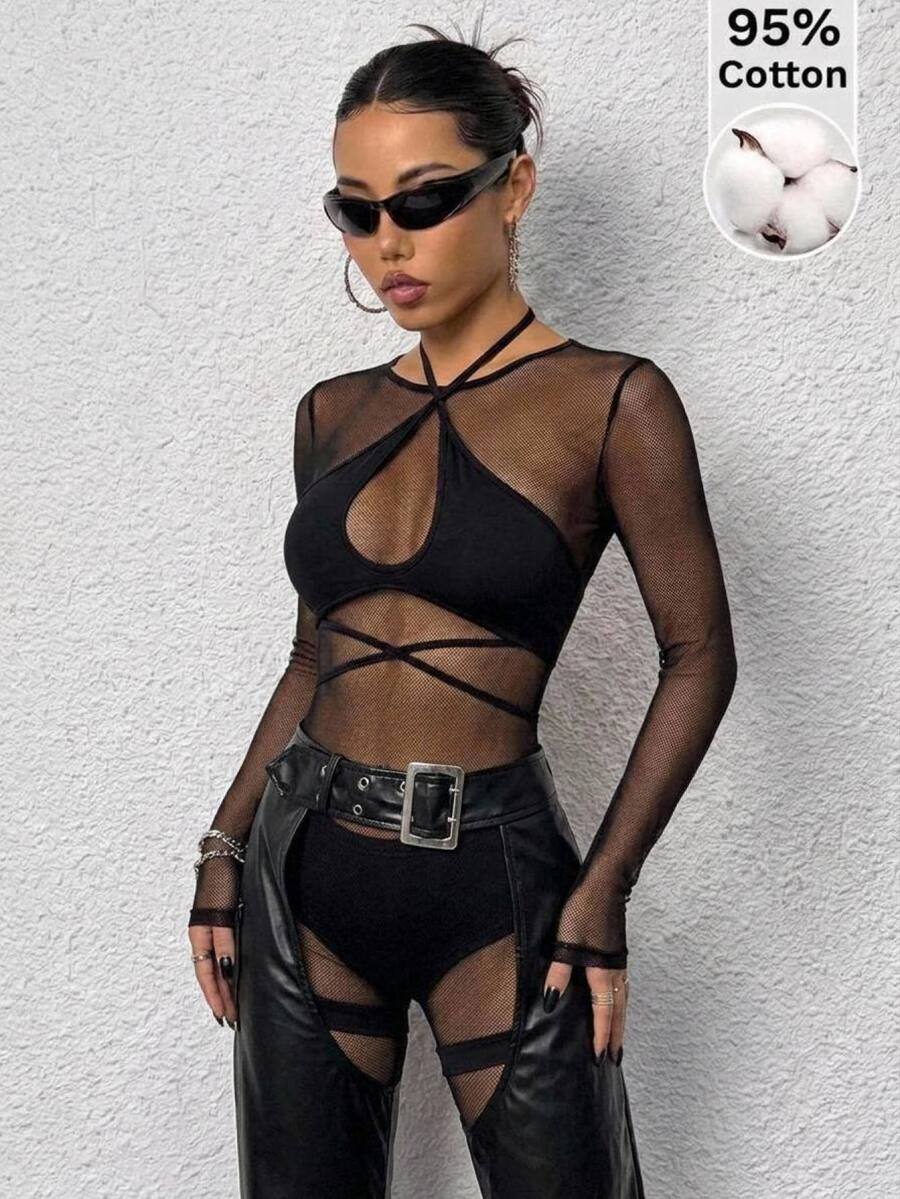 SHEIN ICON Cross Halter Neck Cutout Tank Top & Ultra Low Waist Shorts Leggings Set Checkerboard Women Two Pieces Outfit - Black - View 1