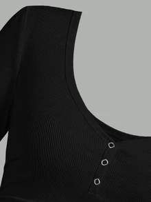 Slaydiva Plus Size Women's Solid Color Ribbed V-Neck Button Decor Slim Fit Short Sleeve T-Shirt - Black - View 6