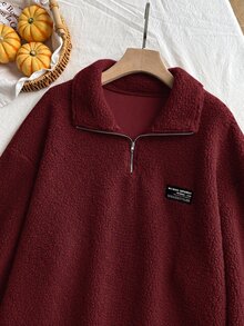 Comfortcana 女款大尺碼立領拉鍊純色秋冬時尚抓絨運動衫 - 酒紅色 - 查看 5