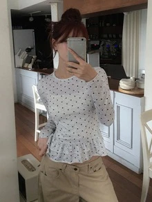 DAZY Polka Dot Patchwork Long Sleeve Round Neck Ruffle Trim Casual Vacation Korean Style Girl Spring Autumn Women T-Shirt Y2k - Grey - View 8