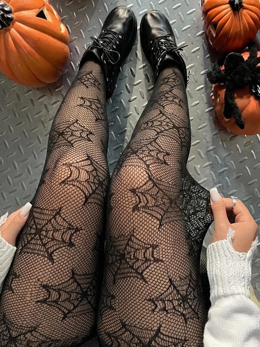 SHEIN EZwear 大尺碼女款萬聖節暗黑風蜘蛛圖案網格拼接緊身褲 - 黑色 - 查看 1