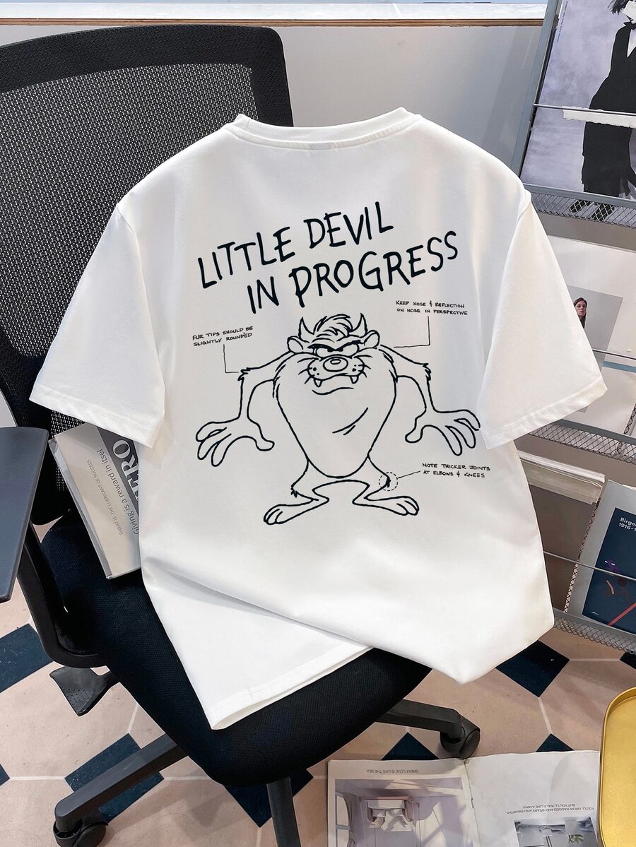 LOONEY TUNES X SHEIN Daypath Men's Little Devil Graphic Slogan Print Short Sleeve T-Shirt - White - View 1