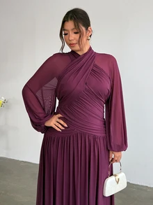 Firerie Plus Size New Cross Design Ruched Lantern Sleeve Asymmetrical Body Gathered Full Flare Long Dress - Red Violet - View 5