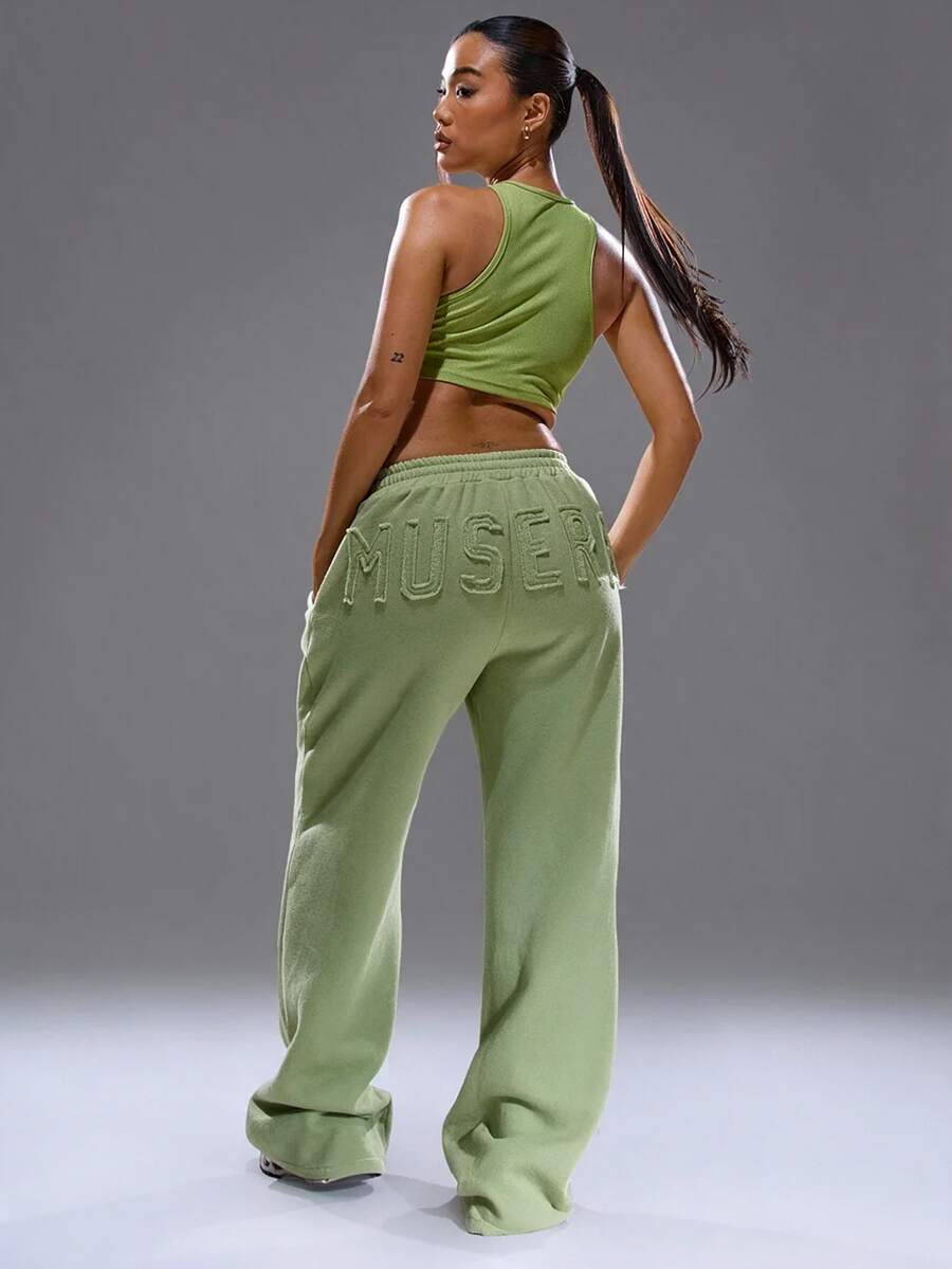 MUSERA Distressed Wide Leg Baggy Joggers Cosy Cute Casual Basic Fall Autumn Everyday Lounge Spring - Green - View 1