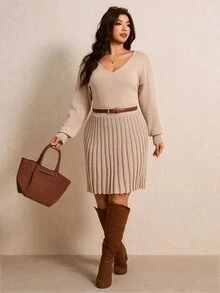 Elaquor Plus Drop Shoulder Sweater Dress Winter - Khaki - View 5
