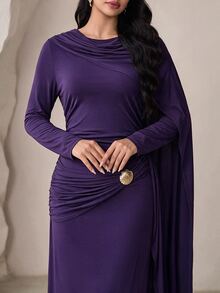 Veilorie Women's Round Neck Long Sleeve Pleated Solid Color Dress - Purple - View 6