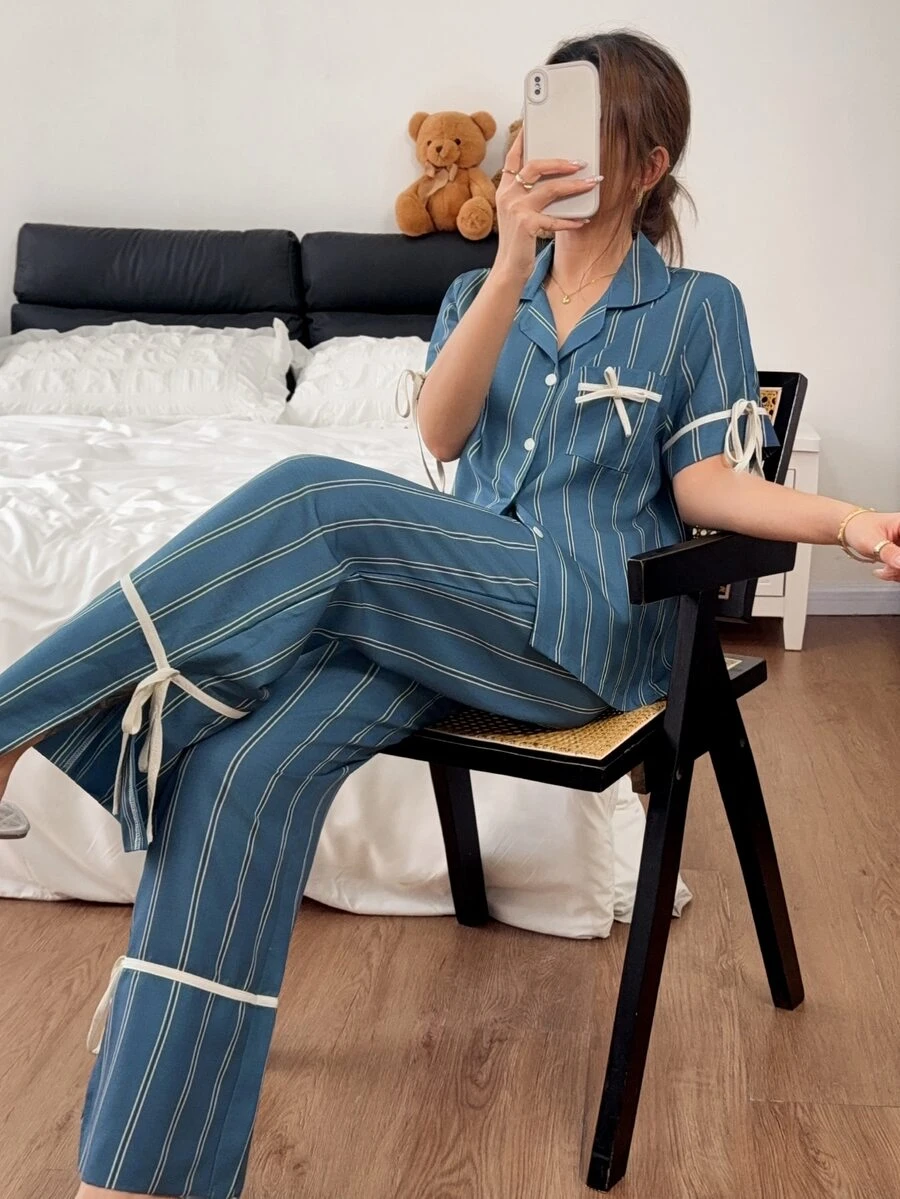 Napfluff Set Piyama Wanita Celana Panjang Motif Garis Kasual untuk Rumah dengan Kerah Kontras Warna dan Lengan Pendek - Cadet Blue - View 1