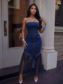 Slaydiva Women's Strapless High Waist Fitted Denim Dress With Tassels - Dark Wash - View 3