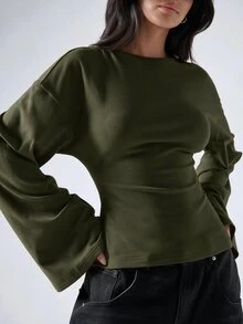 LYSMO 女款純色圓領長袖T恤，極簡風格，適合通勤、日常出遊、聚會、戶外活動、街頭穿搭 - 軍綠色 - 查看 7