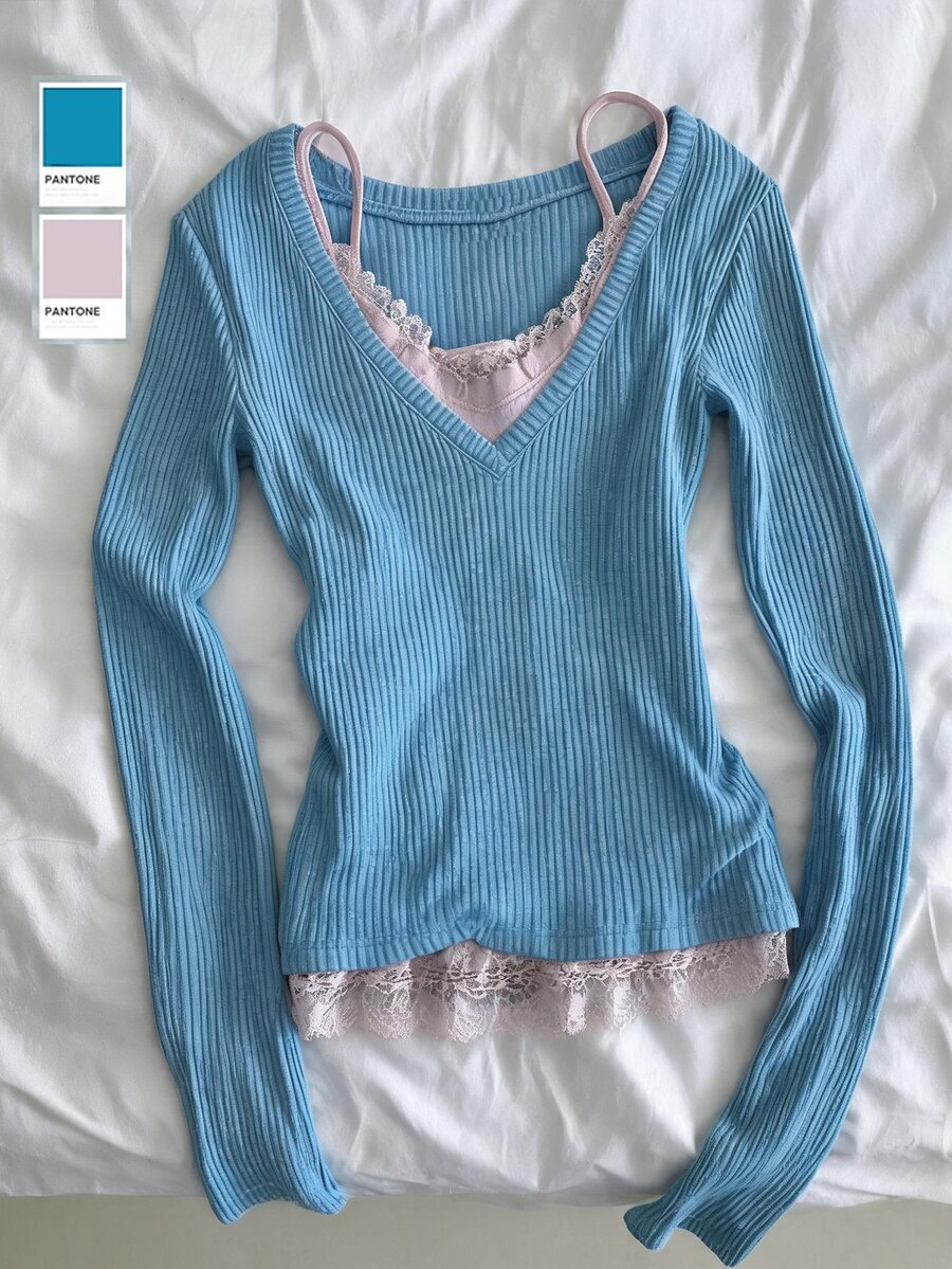 DAZY Women's Blue V-Neck Lace Camisole Patchwork Ribbed Knit Fitted Long Sleeve 2 In 1 T-Shirt Fall - Blue - View 1