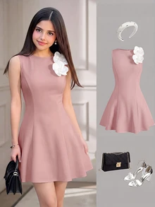 SHEIN Pitira Teen Girls Pink Elegant 3D Floral Decor Waist-Cinching A-Line Sleeveless Dress, Formal Wear - Pink - View 3