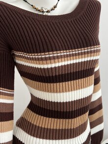 Elamini Minimalist Women's Autumn/Winter Brown Long Sleeve Asymmetric Shoulder Cold Shoulder Striped Fitted Knit Sweater Top - Brown - View 5